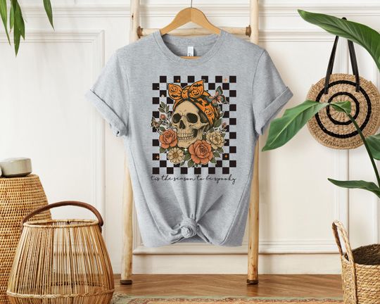 Discover Floral Skull Shirt, Halloween Skeleton T-Shirt, Spooky Season Gift, Horror Skull Tee