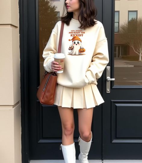 Discover Cute Spooky Ghost Crewneck Sweatshirt, Football Ghost Beanie Halloween Sweater, Fall women sweatshirt, cozy season sweatshirt, holiday gift