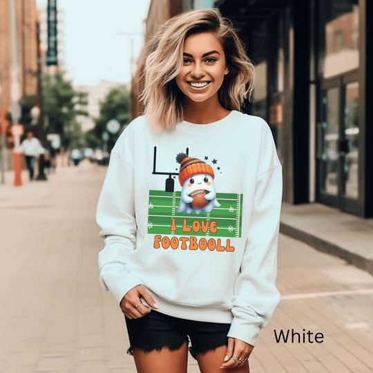 I Love FootBOOll, I Love Football, Fall Sweatshirt, Halloween, Cute Ghost, Football, Football Ghost, Crewneck Sweatshirt Light