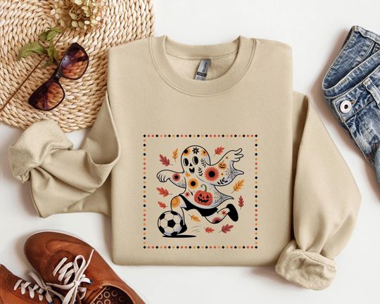 Discover Football Ghost Sweater For Halloween, Retro Football Jumper For Autumn, Funny Ghost Halloween Top For Footy