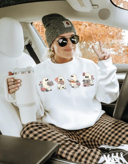 cute ghost sweatshirt, fall ghost t-shirt, spooky season attire, halloween, football season, superbowl, teacher gift