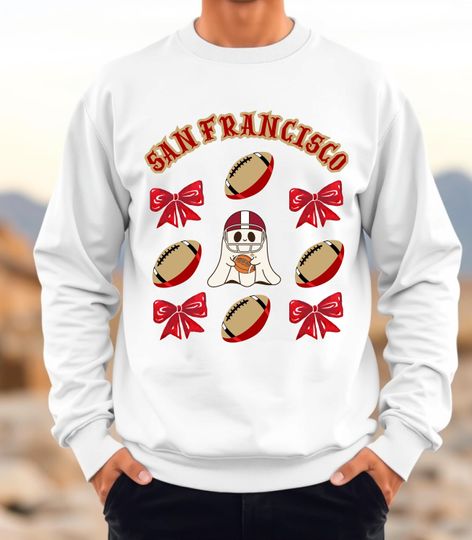 Halloween San Francisco Football Sweatshirt, Spooky Bow Ghost Crewneck Jumper, Unisex Hoodie, Fall Winter Clothing Gift, Sporty SF Team