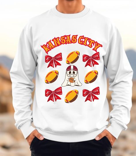 Discover Halloween Kansas Football Sweatshirt, Bow Ghost Characters, Unisex Crewneck, Football Fan Gift, Fall Apparel, Halloween Sweatshirt