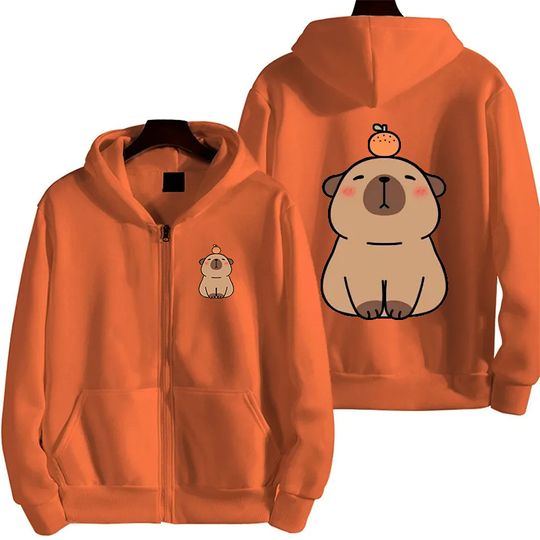 2025 New Fashionable Cute Cartoon Capybara Orange Sportswear Women's Zipper Hoodie