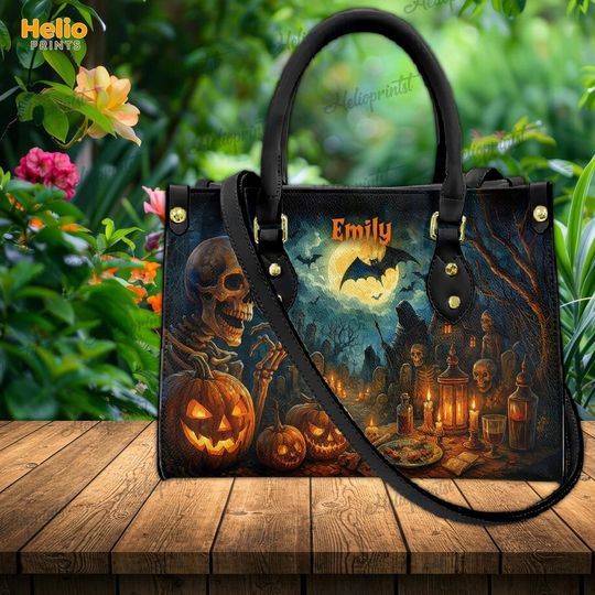 Gothic Halloween Leather Bag with Spooky Graveyard Scene, Custom name