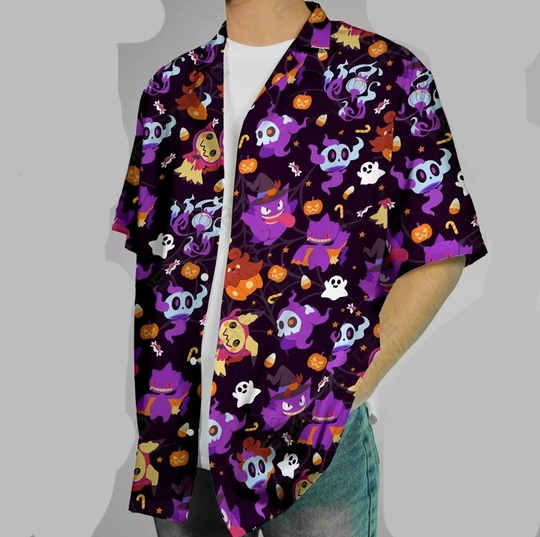 Gengar Mimikyu Ghost Hawaiian Button-Up Shirt Halloween Hawaii Shirt
