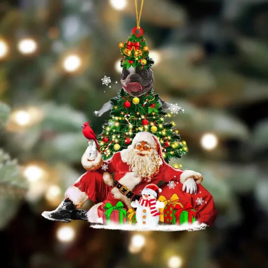 Frenchie And Santa Christmas Tree Ornament, Gift For Dog Lovers