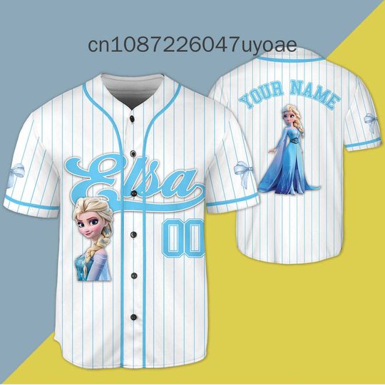 Discover 2025 Custom Name Disney Princess Elsa  Baseball Jersey Summer New Men's and Women's Kids 's Short sleeved Baseball T-shirt