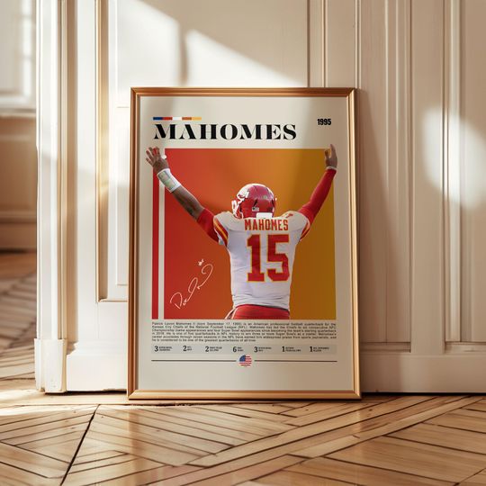 Patrick Mahomes wall art poster, Kansas City Chiefs quarterback print, football football artwork, sports fan decor, vintage retro design