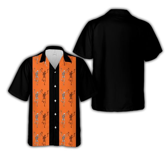 Skeleton Halloween Hawaiian Shirt Halloween Skeleton Dancing Shirt Fall Vibes Shirt Scary Pumpkin Halloween Party Matching Shirt For Family