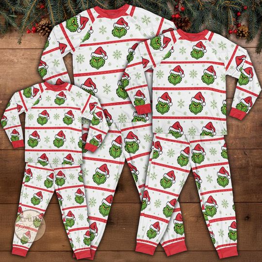 Discover Family Matching funny character Pajamas Set, Grin Sleepwear, Christmas Eve Holiday Pjs