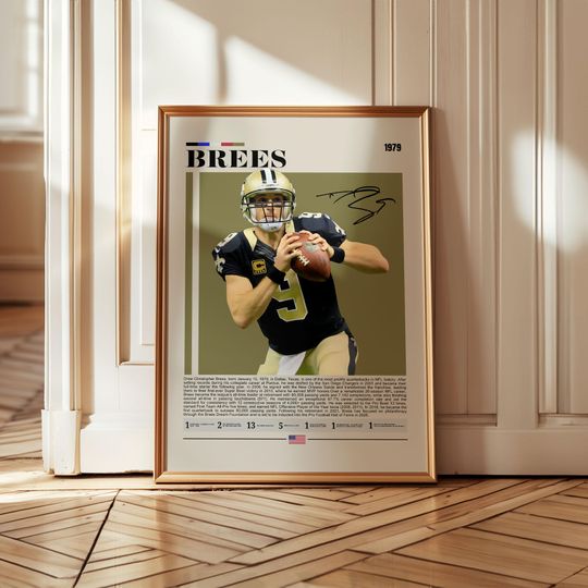 Drew Brees football poster wall art, New Orleans Saints quarterback legend print, football superstar artwork for fans, retro sports decor