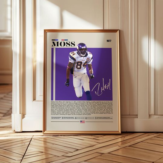 Randy Moss football poster wall art, football wide receiver legend print, Minnesota Vikings star artwork for fans, retro sports room decor