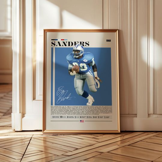 Barry Sanders Football Poster  Detroit Lions football Legend Wall Art, Running Back Sports Print, Man Cave Decor, Gift for Football Fans