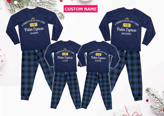 Discover Personalized Name Po-lar Express Family Pajamas Set, Custom Navy Plaid Believe Pajamas, Family Matching Christmas Pajamas, Xmas Pajamas