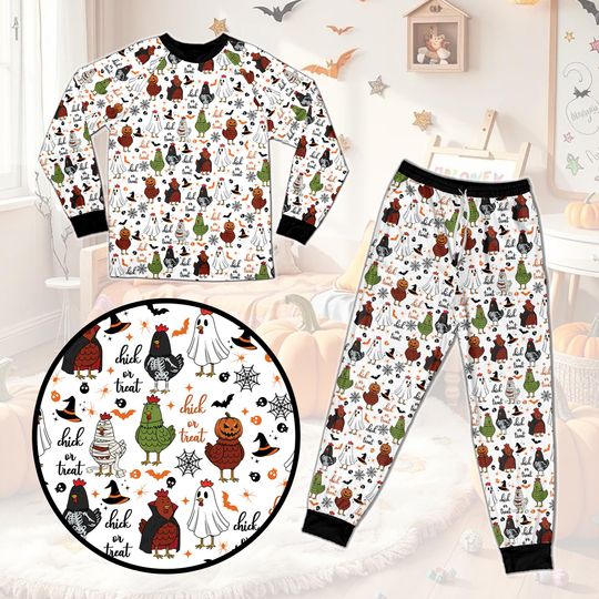 Halloween Chicken Pajamas, Chick or Treat Family Matching PJs, Spooky Farmhouse Halloween, Halloween Pajama Set, Trick or Treat Sleepwear