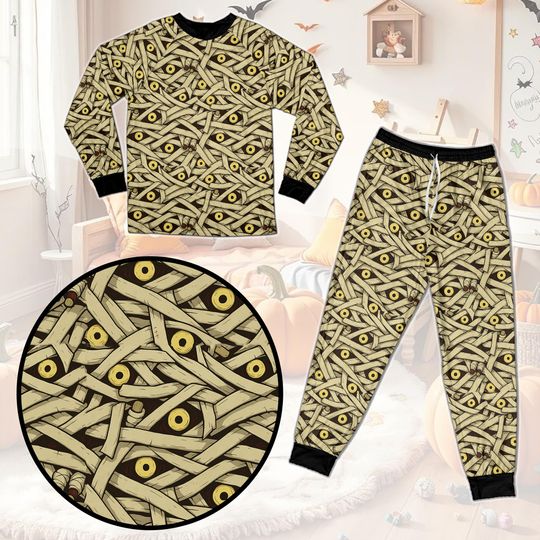 Discover Halloween Mummy Pajamas Family Set, Spooky Matching Sleepwear with Creepy Eyes Print, Halloween Costume Loungewear, Trick or Treat Sleepwear