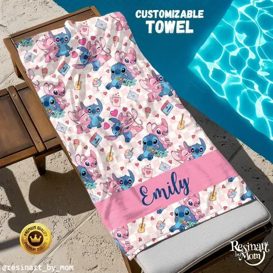Stitch and Angel Towel Beach Towel, Beach Towel Gift, Summer Towel