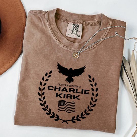 Discover Charlie Kirk Memorial Tee  Patriotic Eagle Wreath Forever in Our Hearts T-Shirt, Conservative Tribute Gift, Justice for Charlie Kirk