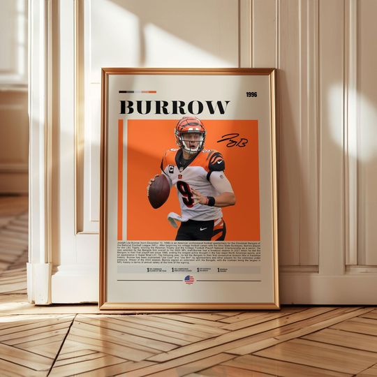Joe Burrow poster wall art, Cincinnati Bengals quarterback print, football football artwork, vintage retro sports fan home decor decoration
