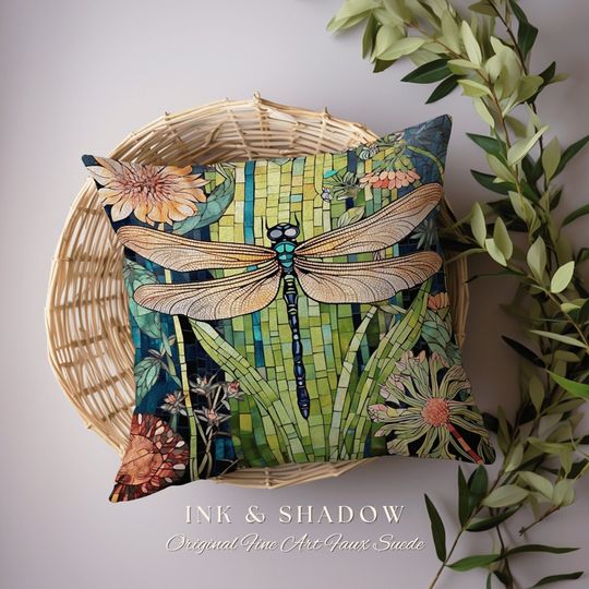 Bright Floral Dragonfly Pillow | Dragon Fly Cushion Woodland Forest Gift for Her Stained Glass Aesthetic Botanical Gothic Decor Whimsical |