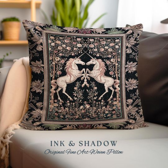 Discover Floral Fairytale Ethereal Unicorn Pillow | Woodland Whimsy Fairy Woven Cushion Whimsical Lavender Purple Decor Magic Cottagecore Home Accent