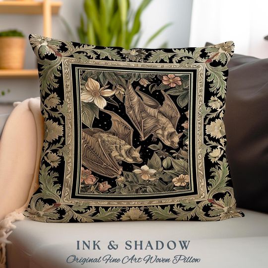 Discover Cottagegoth Goblincore Bat Lovers Pillow Gothic Cottagecore, Dark Woodland Bat Art Ethereal Botanical Tapestry Cushion Boho Grunge Fairycore