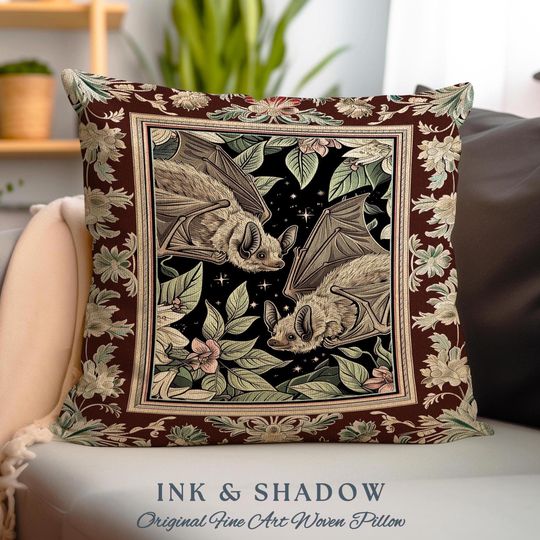 Discover Whimsical Floral Bat Pillow Boho Mystical Dark Academia Fairycore Decor | Woodland Botanical Gothic Tapestry Cushion Celestial Cottagecore