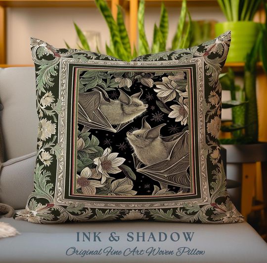 Discover Victorian Gothic Cottagecore Sage Green Bat Pillow Witchy Goblinecore | Dark Botanical Bohemian Floral Whimsigoth Woodland Tapestry Cushion