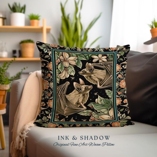 Discover Botanical Vintage Aesthetic Bat Pillow Forestcore Mystic Woodland Gothic Cushion | Boho Fairycore Dark Academia Floral Whimsigoth Witchy Art
