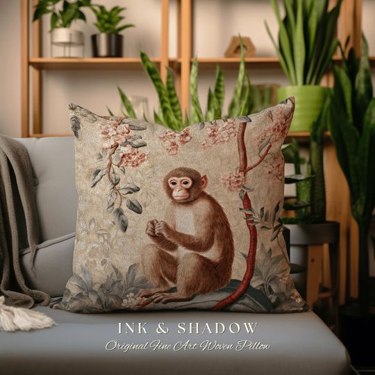 Discover Light Victorian Gothic Monkey Pillow Jungle Aesthetic Decor Soft Cottagecore Woven Tapestry Throw Pillow Vintage Aesthetic Fairycore Decor
