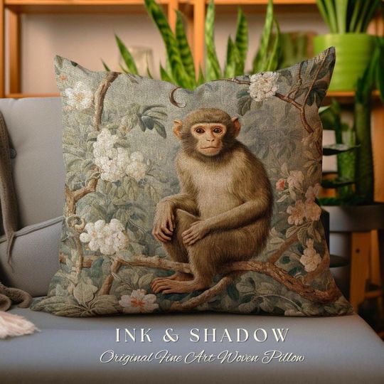 Cottagecore Monkey Pillow Woven | William Morris Inspired Throw Antique Aesthetic Mystical Tapestry Vintage Woven Victorian Fairycore Gift