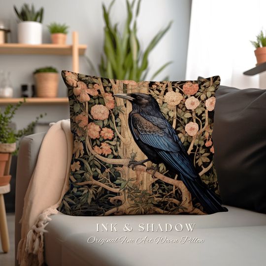 Discover Dark Raven Accent Pillow | Gothic Decor Crowcore William Morris Inspired Pillow Aesthetic Medieval Woven Pillow Victorian Crow Core