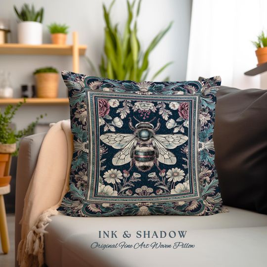 Discover Bohemian Botanical Bee Pillow Dark Floral Whimsigoth Tapestry Cushion | Eclectic Boho Chic Wildflower Witchy Cottagecore Moody Nature Accent
