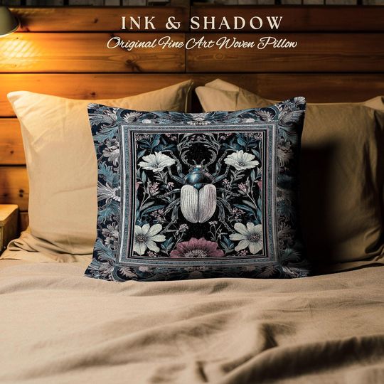 Discover Victorian Gothic Scarab Beetle Pillow Enchanted Dark Botanical | Whimsigothic Floral Art Nouveau Fairycore Cottagegoth Indigo Insect Decor