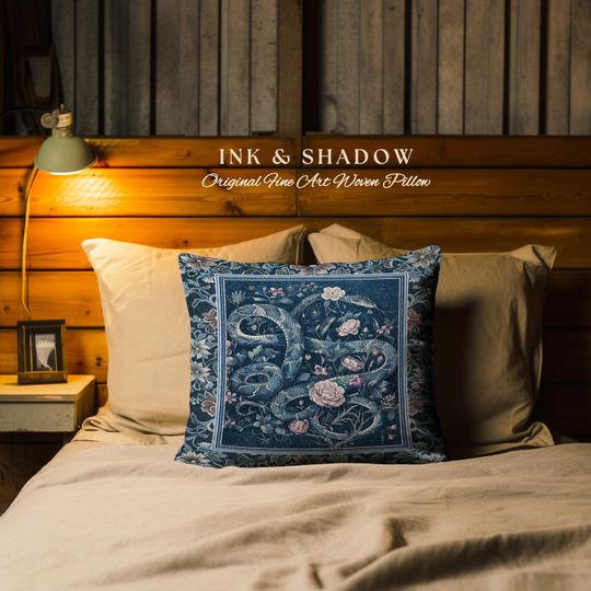 Discover Midnight Blue Dark Floral Serpent Pillow Whimsical Vintage Botanical Snake Cushion Victorian Gothic Mystic Macabre Art Enchanted Forestcore