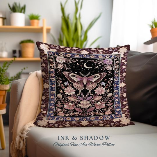 Discover Purple Moth Celestial Pillow Boho Fairycore Dark Floral Decor, Enchanted Goth Cottagecore Butterfly Lovers Moon Tapestry Cushion Whimsical