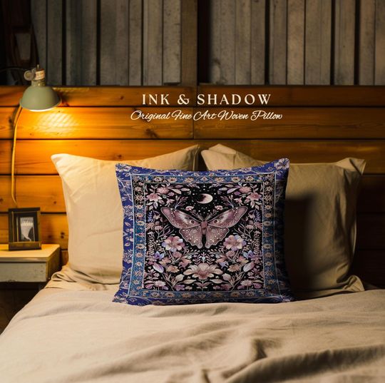 Discover Witchy Botanical Moth Pillow Whimsigothic Purple Floral Fairycore Aesthetic | Gothic Cottagecore Butterfly Celestial Whimsy Tapestry Cushion