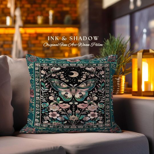 Discover Mystic Moonlit Garden Moth Pillow Whimigothic Fairycore Decor, Dark Floral Witchy Moth Tapestry Cushion Whimsical Butterfly Cottagecore Gift