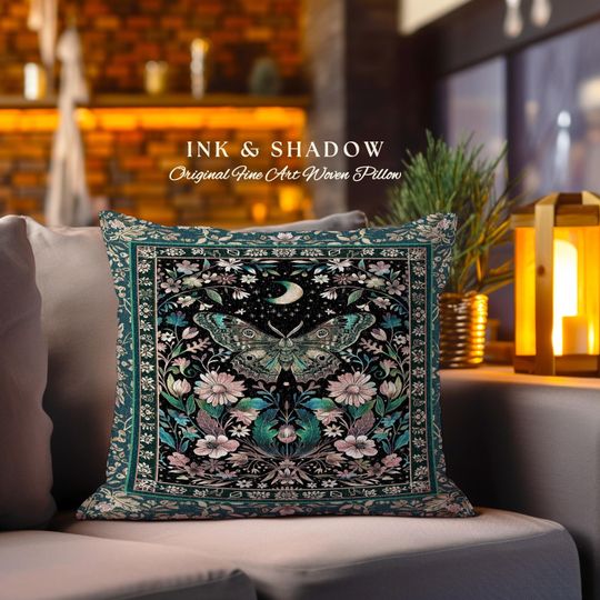 Discover Celestial Cottagecore Floral Moth Woven Pillow Woodland Gothic Decor, Fairycore Forest Tapestry Cushion  Whimsigothic Witchy Dark Botanicals