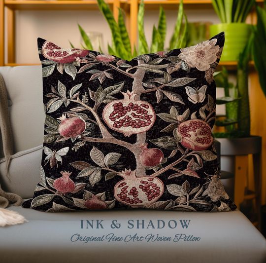 Gothic Pomegranate Pillow Mystical Botanical Woven Accent | Baroque Inspired Dark Academia Floral Butterfly Fruit Whimsigothic Cushion Boho