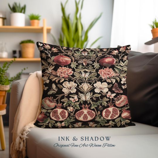Cottagecore Pomegranate Art Botanical Butterfly Pillow Enchanted Woodland Whimsy| Vintage Floral Romantic Baroque Whimsical Tapestry Cushion
