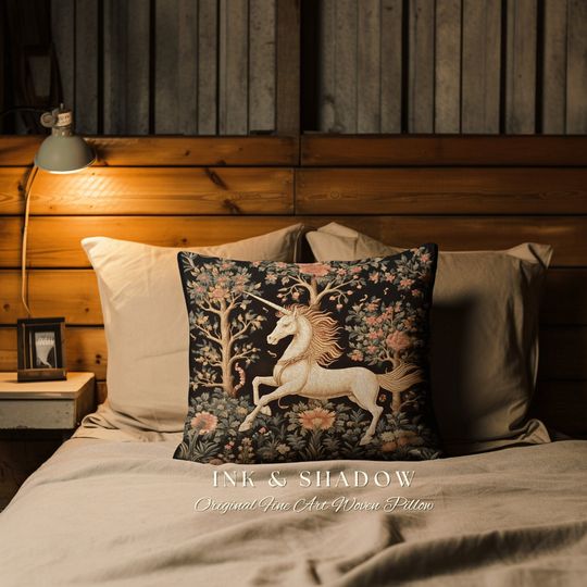Discover Mystic Unicorn Accent Pillow | Crowcore Tapestry Pillow Cottagecore Room Decor Medieval Aesthetic Victorian Unicorn Maximalist Gift For Goth