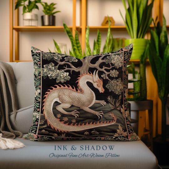 Discover Mystic Medieval Dragon Pillow Whimsigothic Home Decor | Magical Forestcore Vintage Aesthetic Cushion Maximalist Woodland Gothic Art Accent