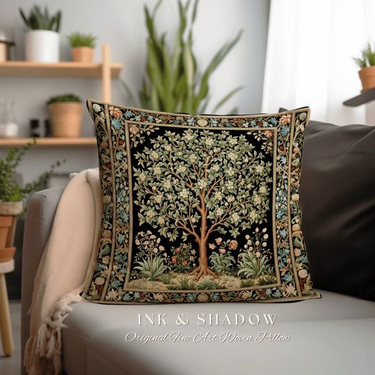 Discover Folk Art Tree Pillow Victorian | William Morris Inspired Accent Pillow Cushion Woven Medieval Aesthetic Pastel Botanical Renaissance Decor