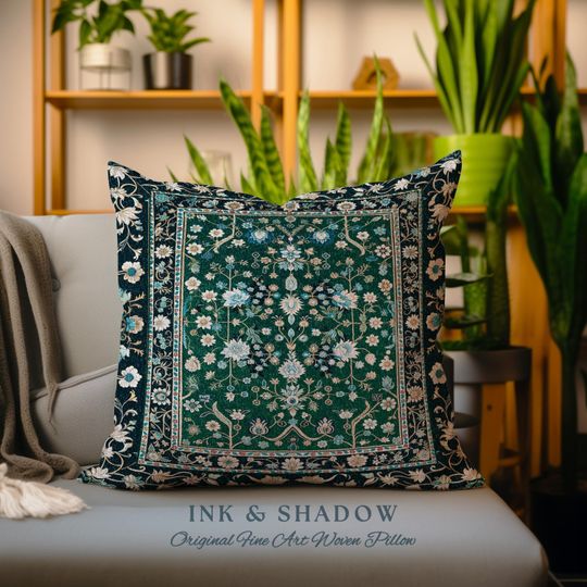 Muted Green Boho Cottagecore Pillow Ornate Victorian Baroque Whimsical Maximalism, Emerald & Pastel Blue Elegant Bohemian Tapestry Cushion