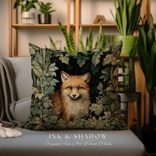 Discover Dark Botanical Fox Pillow | Cottagecore Aesthetic Rustic Woodland Decor Mystic Bedroom Crowcore Pillow Botanical Fairycore Bedroom Gift |