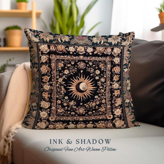 Cosmic Elegance Celestial Pillow | Dark Cottagecore Moon and Sun Ethereal Divine Aesthetic Witchy Bohemian Eclectic Spiritual Woven Cushion