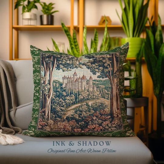 Discover Fairytale Aesthetic Castle Tapestry Pillow Fairycore Folklore Inspired Decor | Magical Woodland Bedroom Whimsigothic Ethereal Forest Cushion
