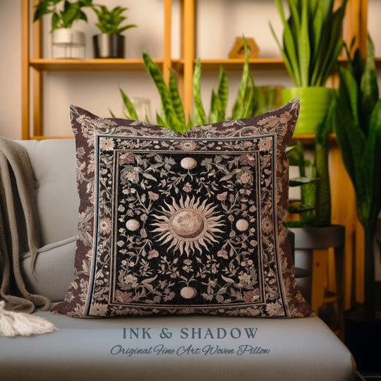 Dark Skies Celestial Accent Pillow | Enchanted Celestial Witchy Astrology Boho Maximalist Decor Sun & Moon Tarot Boho Woven Tapestry Cushion